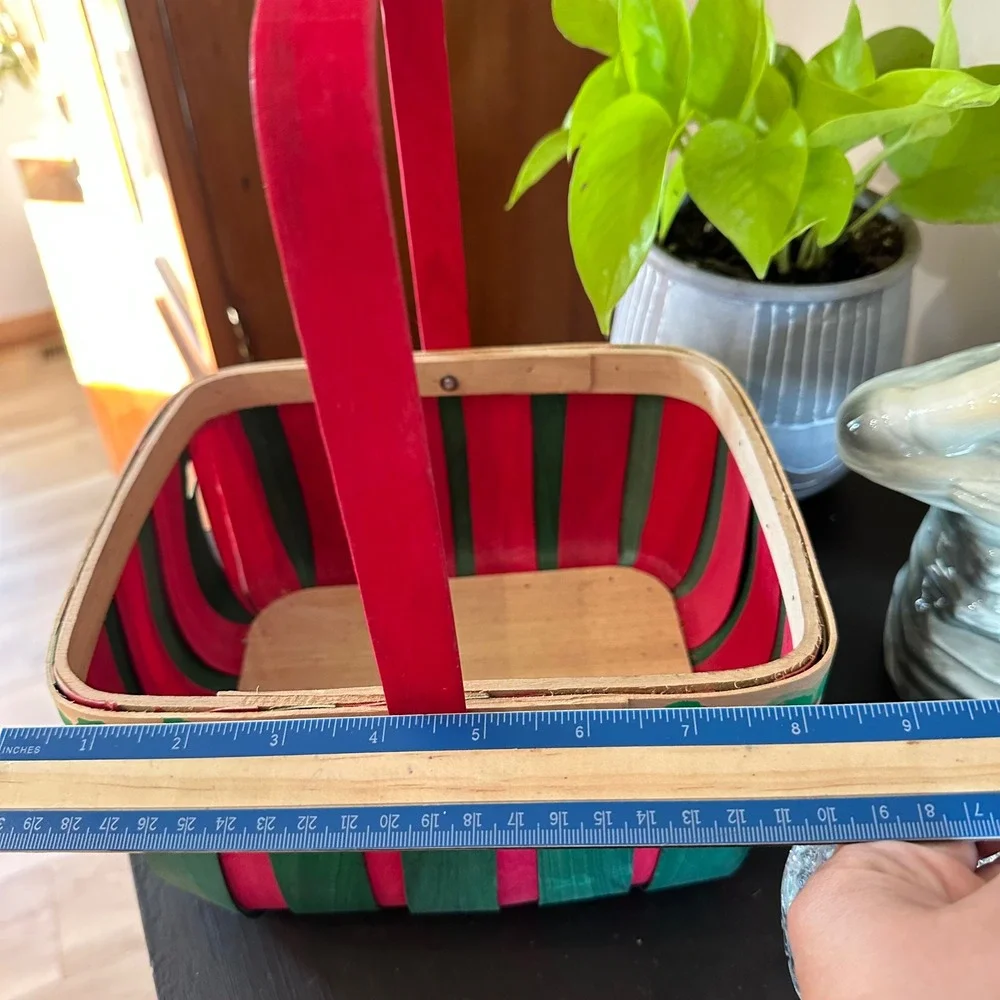 VTG Christmas Woven Wood Basket Red Green Stripe Holly Decor Cottagecore Country